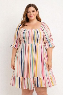 Eloquii Elements Rainbow Stripe Smocked Puff Sleeve Mini Dress Size 16 NWT