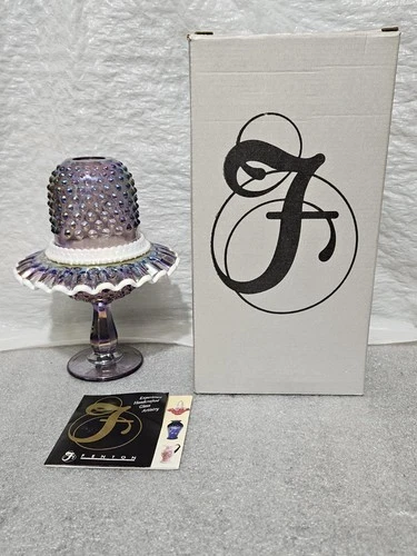 Fenton Violet Carnival Glass Hobnail Snow Crest 3 Piece Pedestal Fairy Lamp