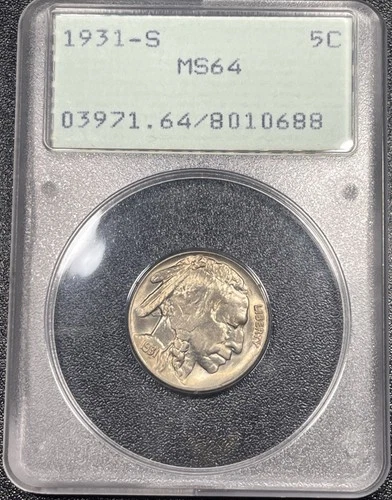 1931 S Buffalo Nickel 5c PCGS MS 64 Rare Rattler Holder
