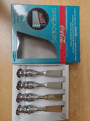 VINTAGE Coca Cola Set of 4 Bottle Shaped Cheese Spreaders  Chrome Plated Metal