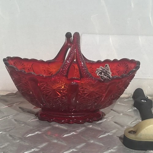 Vintage Fenton Colonial Red Daisy & Button Split Handle Basket With Sticker