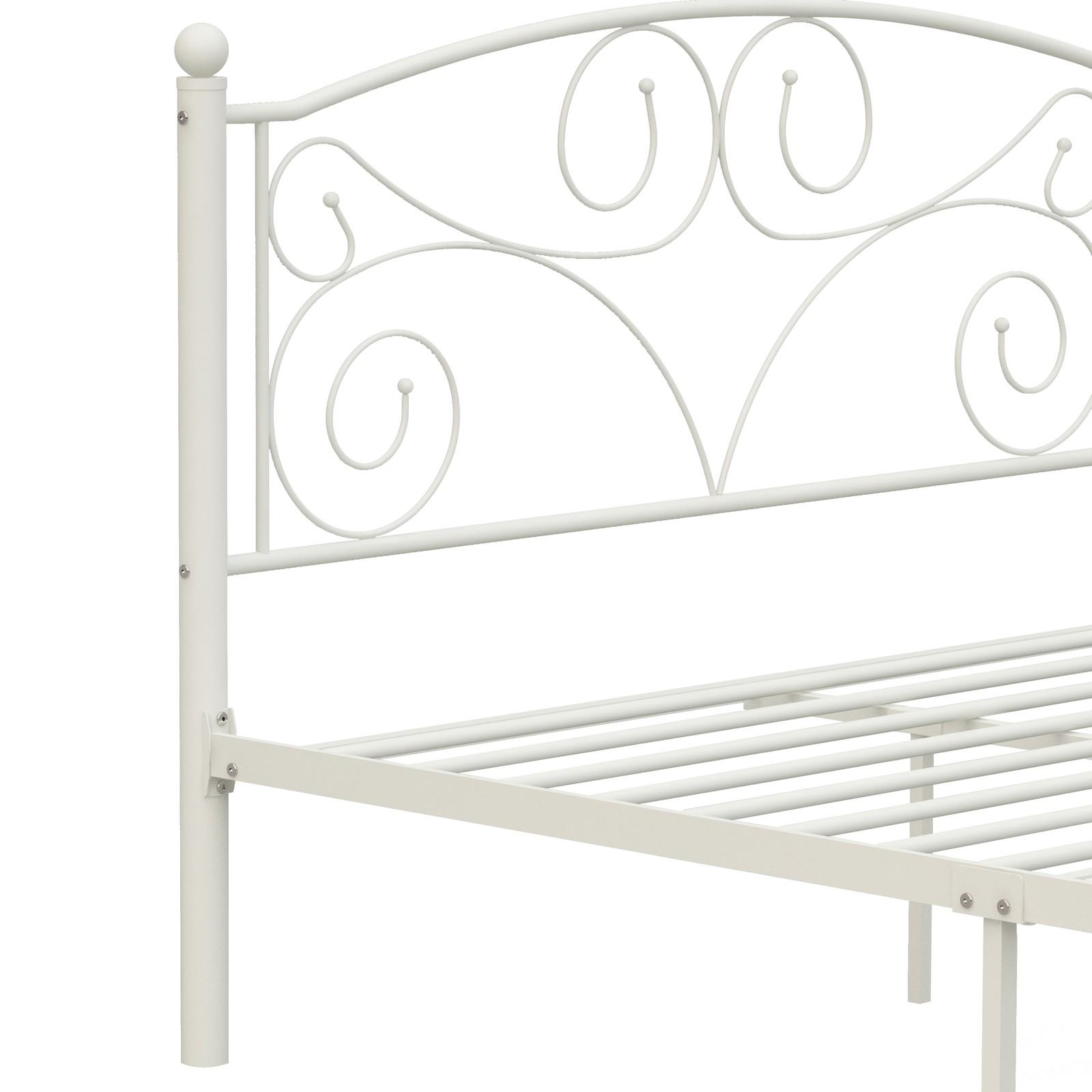 White metal bed frame with scalloped unique flower headboard and footboard, featuring curved steel rods and decorative scroll patterns.