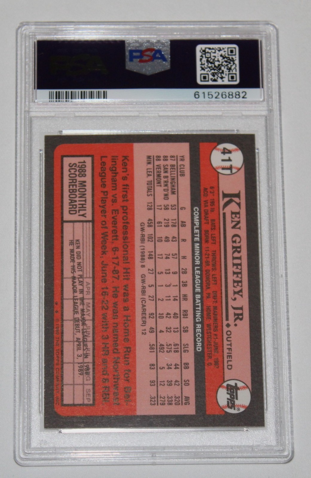 1989 Topps Traded Card #41T KEN GRIFFEY JR. ROOKIE RC Graded PSA 9 MINT view 2