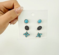 Set of 3 Pairs Boho Western Faux Turquoise Stud Earrings