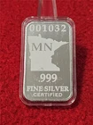 1/2 OZ 999.0 FINE SILVER INGOT.  MINNESOTA STATE SILVER BAR               #T1208