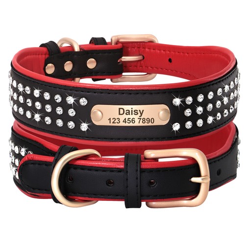 Personalisiert Echtes Leder Hundehalsband Namen Strasshalsband Mittelgroße Hund - Picture 13 of 16