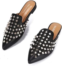 Cape Robbin Enny Slip On Flat Sandals Black pointed Toe Embellished Mule Slides