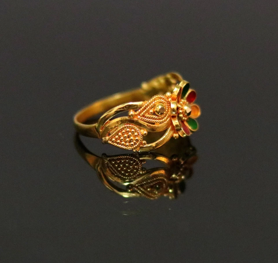 INDIAN FILIGREE WORK 22K CT GOLD ENAMEL RING FLOWER DESIGN BAND UNISEX GIFTING - Image 4 of 4