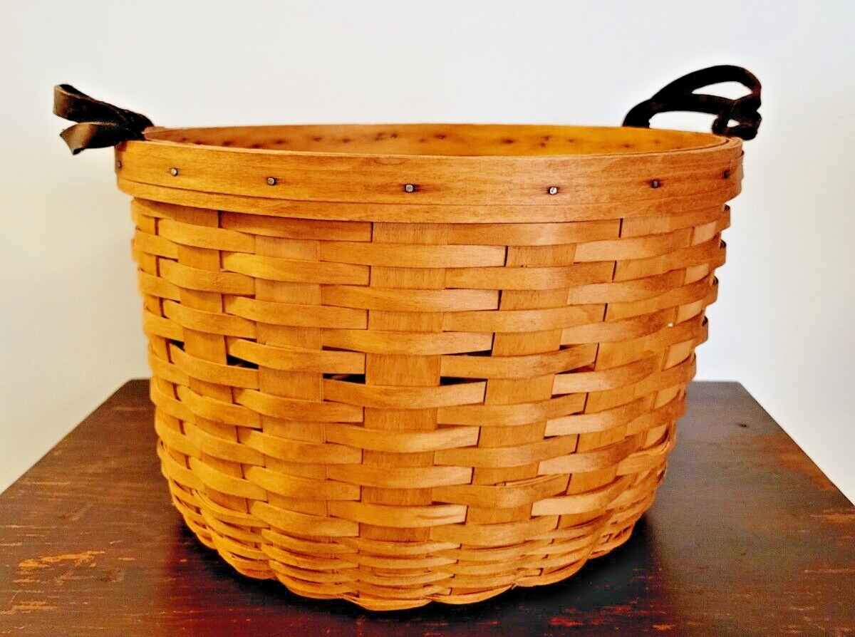Vintage 1992 Longaberger Large Bushel Basket Leather Handles 13.5” X