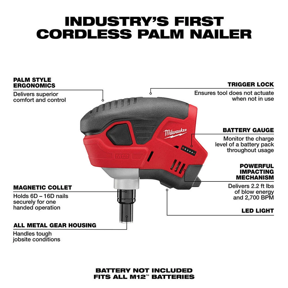 Milwaukee 2458 20 M12 12 Volt Palm Nailer w Hand Strap Bare Tool