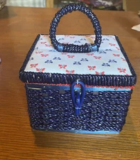 Vintage 5”x5”x 4” Sewing Basket  Made in Japan Butterflies Red White Blue Clean