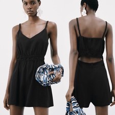 NWT Zara Woven Braided Linen Blend Open Back Romper Jumpsuit Black Boho Womens S