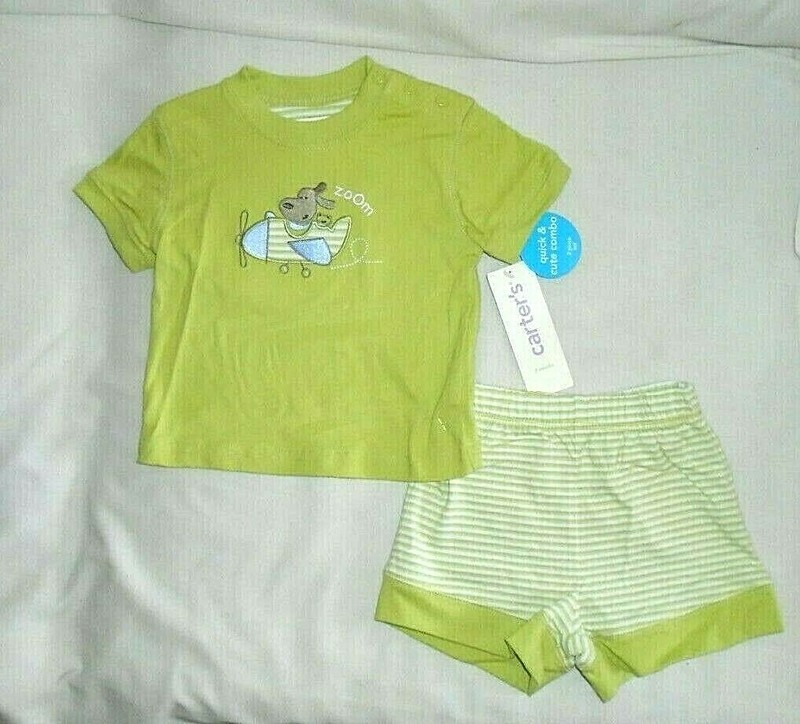 Infant Baby Boy Carters 2Pc T-Shirt Shorts Green Stripes Comfy Set Sz 3 Months