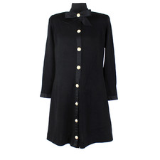 St. John Evening Satin Trim Dress Black Santana Knit Embellished Buttons Size 8