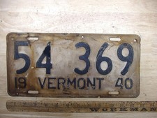 Antique Expired 1940 Vermont License Plate,Tag,54-369,FAIR Condition,L@@K!