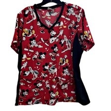 Authentic Disney Mickey Minnie & Friends Band Music Pockets Scrub Top Red Black