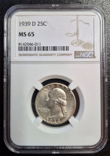 1939 D Washington Quarter - Key Date - NGC Slabbed - MS65 - Nice Coin!
