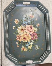 Vintage Large Hand Painted Blue Gray ~Floral Toleware Metal Bar Tray 24”x17.5”