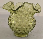 Fenton Green Ruffled Crimped Edge Hobnail Glass Vase Vintage