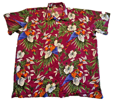 King Kameha Hawaiian Shirt Men's2XL Burgundy/Green Floral Parrots Short Sleeve