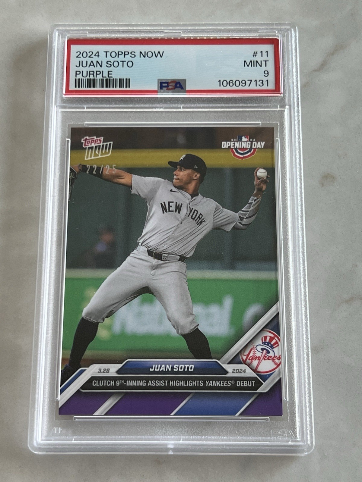 2024 Topps Now NY Yankees Juan Soto Opening Day Purple Parallel /25 - PSA 9