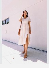 Madewell Clara Plaid Linen Blend Midi Dress In Muted Blush Size XS boho resort