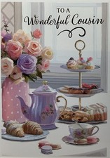 COUSIN BIRTHDAY CARD FEMALE AFTERNOON TEA FLOWERS 7”x5” FREE P&P