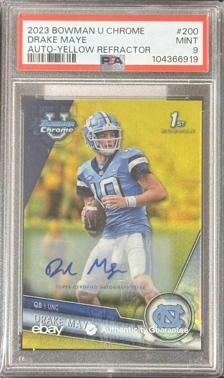 2023 Bowman U Chrome 1st Drake Maye Autograph Yellow Refractor /75 PSA 9