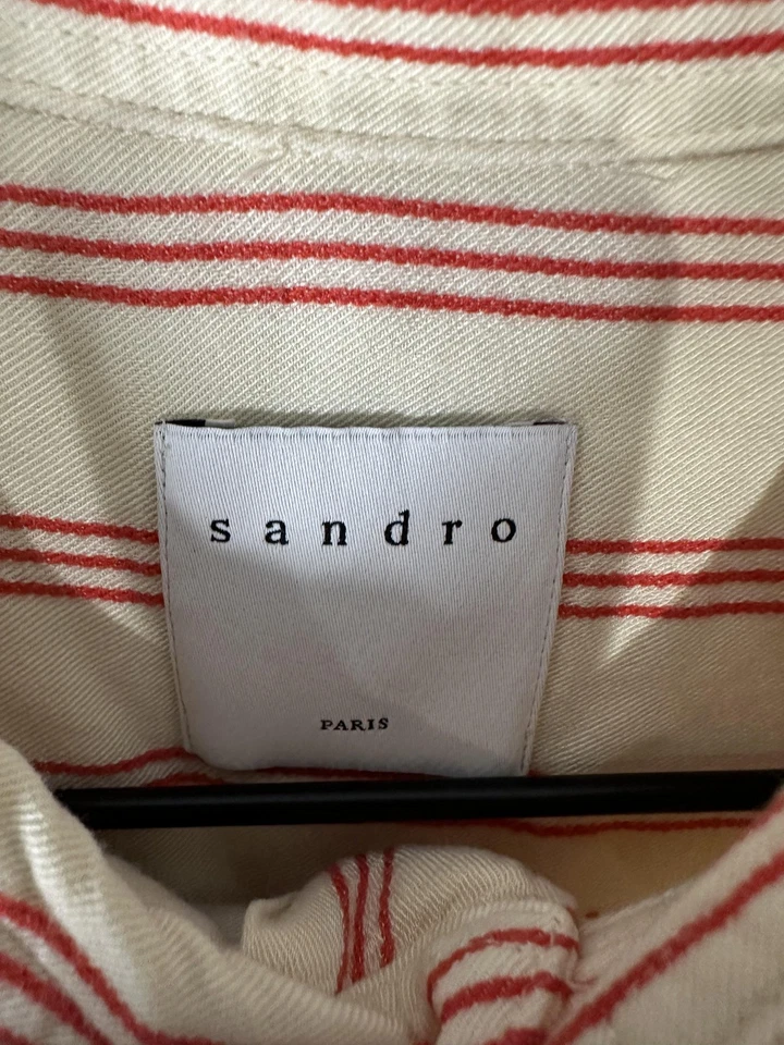 Sandro Paris Shirt Mens Medium Cream Red Stripe Button Front Viscose Top - Image 4 of 4
