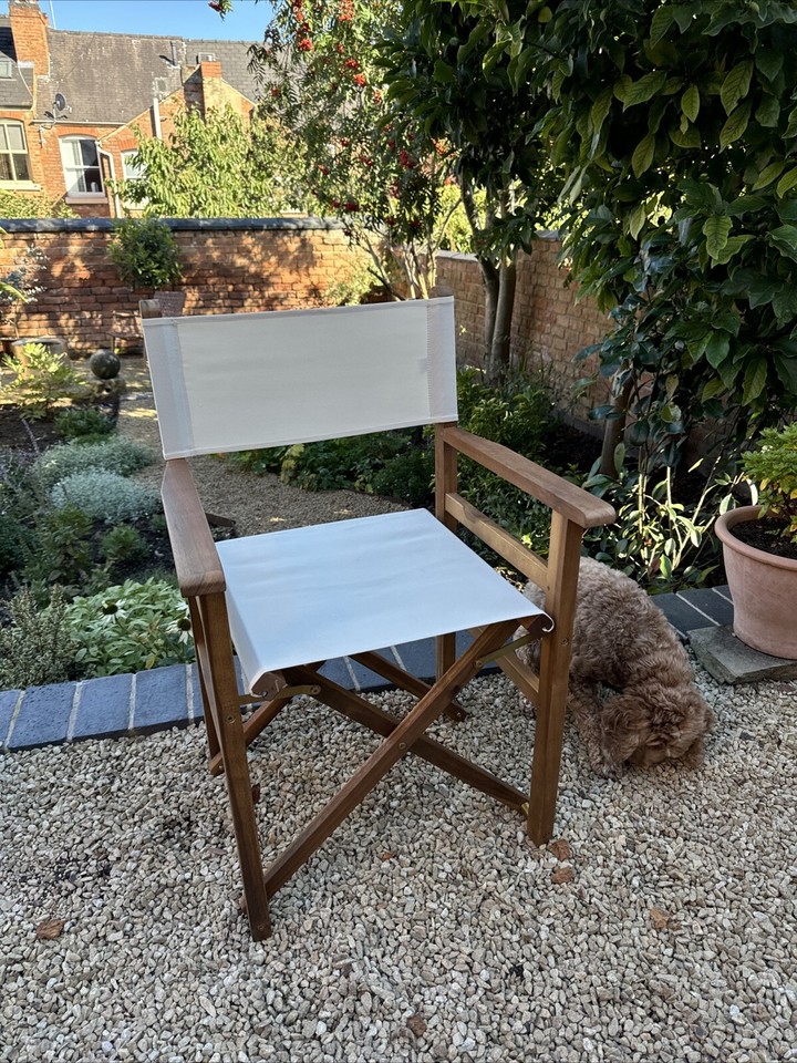 Folding Director's Chair White Fabric Wood Outdoor Vintage Style Garden