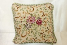 Rose Floral Pink Beige Sage Green Cottage Charm Needlepoint Pillow 12" x 12"