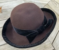 J. Peterman Hat Chocolate Brown Wool/Felt Black Velvet Trim  Store Only  