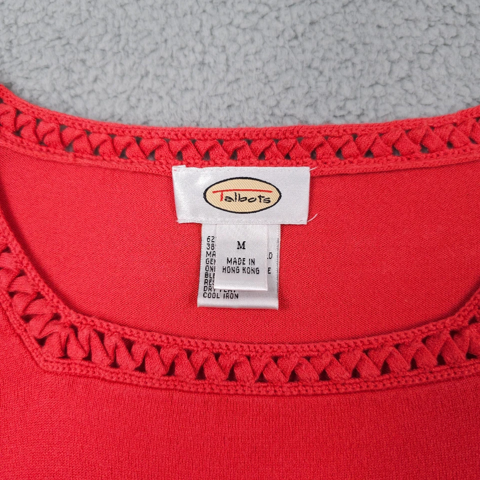 Suéter Talbots Vintage Para Mujer Mediano Coral Crochet Ribete Ligero Cuello Cuadrado Foto 3 de 4