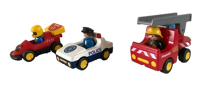 7⚜️ Trois Véhicules Playmobil 123 Police, Pompier, Voiture De Course Formule 1 - Photo 1/4