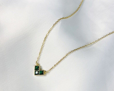 14K Gold Smaragd Tetris Herz Halskette - Silber, elegant, Kette, Smaragd, Geschenk