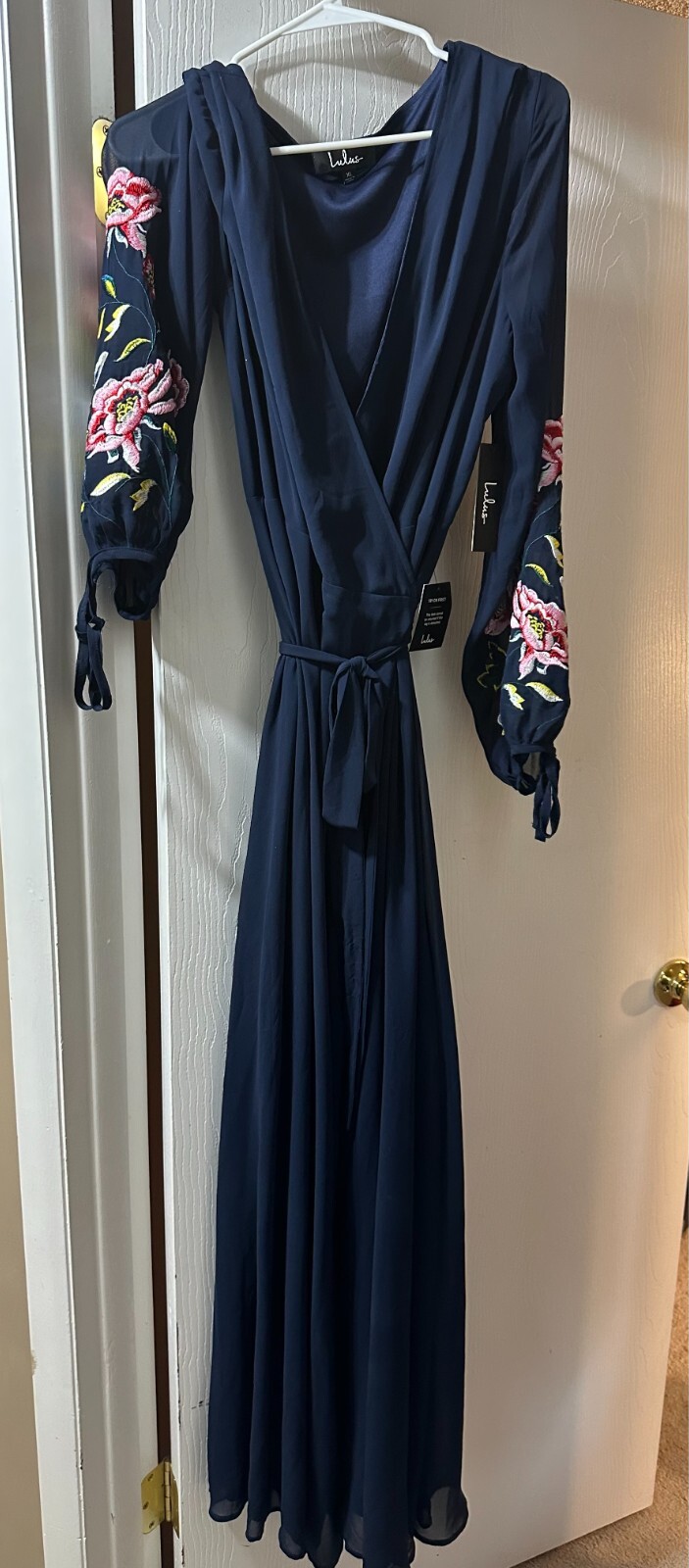 Lulu's Long Sleeve Maxi Wrap Dress with Floral Embroidered Sleeves
