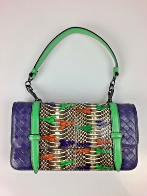 RARE Bottega Veneta Painted Python Intrecciato Flap Bag Purple Green Gunmetal HW