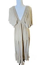 Women's Maxi Dress SZ XL Gold Deep V-Neck Open Back Tiered Boho,Hippie,Peasant