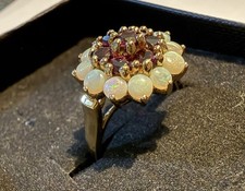 Vintage 9ct Yellow Gold Opal & Ruby Cluster Ring - Size P+ Hallmarked