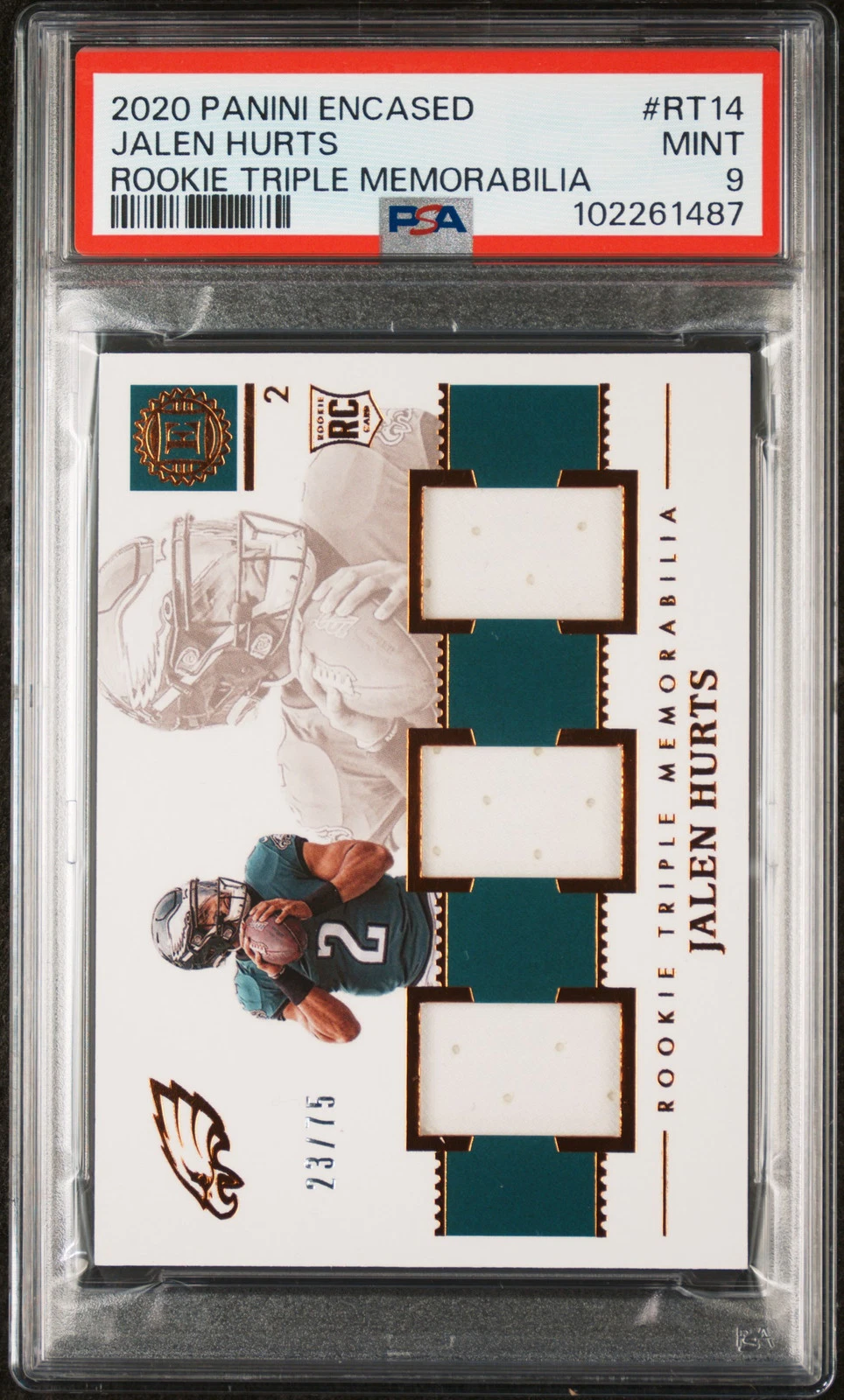 Jalen Hurts Panini Encased Rookie Triple Memorabilia #RT14 Base