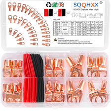 60Pcs Copper Wire Lugs, Battery Cable Ends AWG 4 6 8 10 12 Gauge Wire Connectors