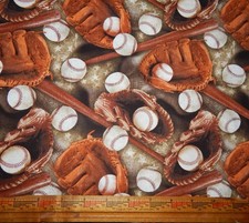 baseball cotton print fabric bat glove ball sports BTY play brown craft sew whit