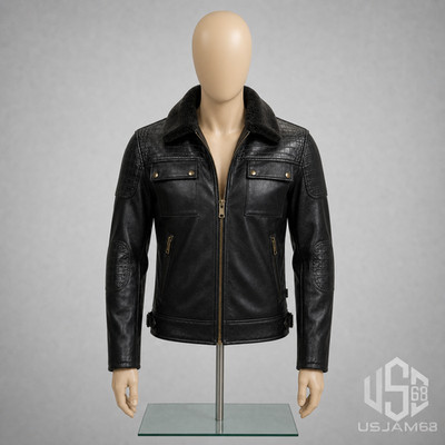Men Black Leather Bomber Jacket Crocodile Alligator Embossed Shearling Collar