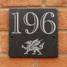 Welsh Dragon Engraved Natural Slate House Number Door Plaque Sign Patriotic Gift