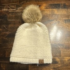 C.C Exclusives Ivory Knit Beanie Hat with Fur Pom-Pom, Women s Winter One Size