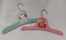 Vintage Children's Wood Painted Hangers Little Girl Face Pink Blue Set/2