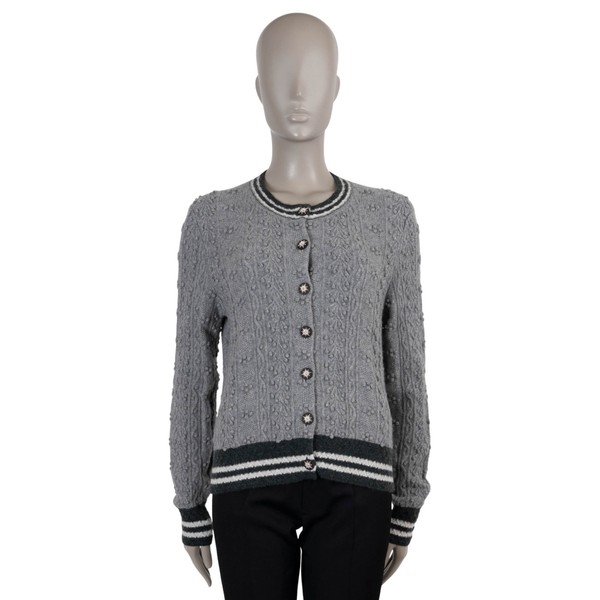 73240 Auth CHANEL Grey Cashmere 15A SALZBURG FLORAL KNIT Cardigan Pullover 42 L
