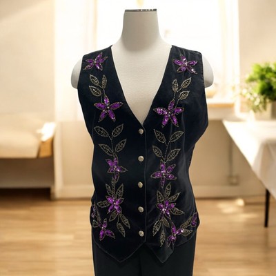 Vintage Jane Ashley Black Velvet Floral Sequin Vest L Boho Chic Festival Holiday
