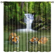 Forest Waterfall Landscape Blackout Window Curtains, Animals Tigers Waterfall...