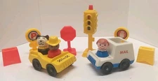 Vintage Fisher Price Little People Taxi, Mail Truck, Stop Sign And People